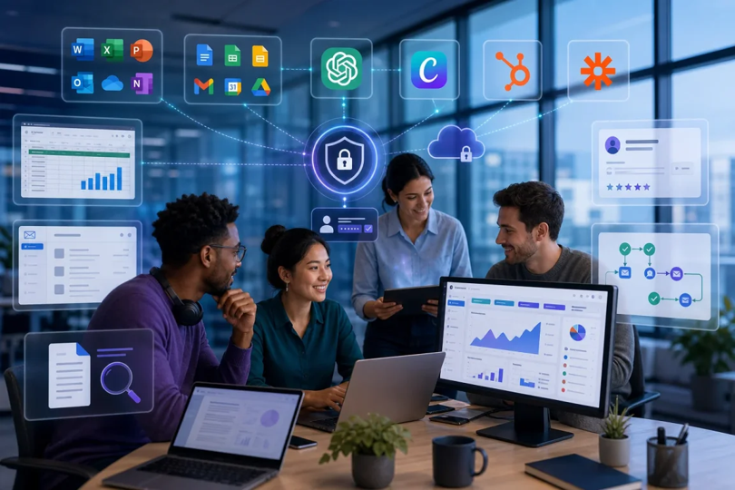 A team collaborating with connected business applications and AI tools